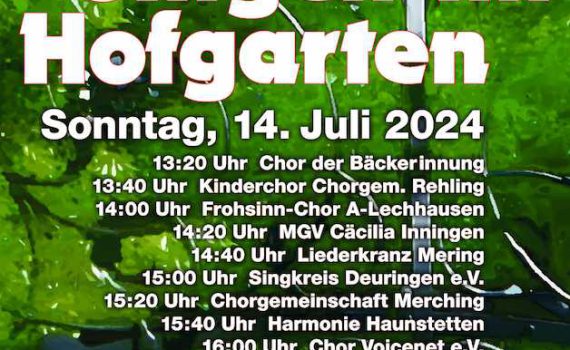 Konzert-Plakat "Singen im Hofgarten": Sonntag 14. Juli 2024. Schemenhafter Zaun im Grünen im Hintergrund, mit Programm: Chöre ab 13:20 Uhr, unser Chor Voicenet e.V. um 16 Uhr, organisiert vom Augsburger Sängerkreis e.V.