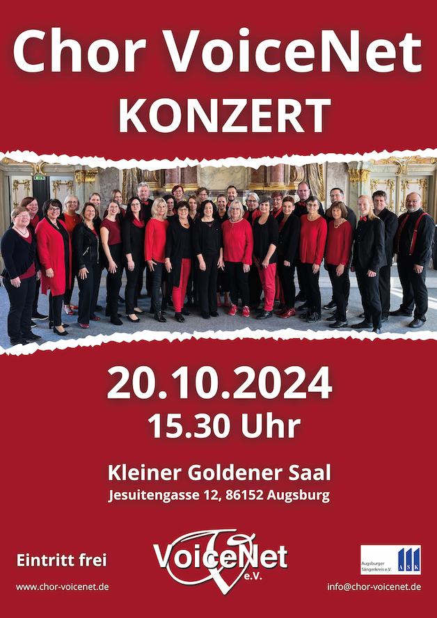 Rotes Chor VoiceNet Plakat für Konzert im kleinen Goldenen Saal am 20.10.2024 um 15.30 Uhr, mit dem Bild vom Chor in schwarz und Rot im Goldenen Saal vom Konzert dort im Jahr davor