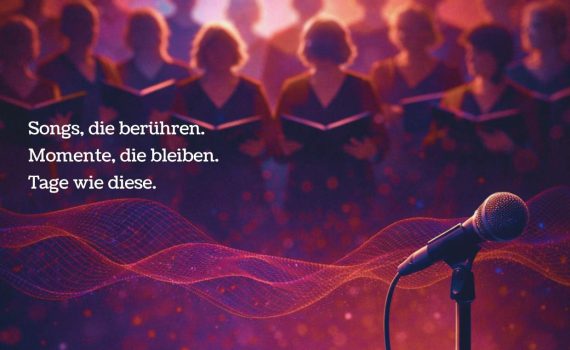Tage wie diese, Chorkonzertplakat vom Chor VoiceNet, ein schemenhafter Chor, stimmungsvoll vor einem Mikro in warmen Tönen, umhüllt vom Stimmennetz, Plakat